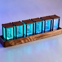 NIKOLATOY Full Color Six Tube Simulated LED Clock with Digital Ambient Light Creative Retro Walnut Wood RGB Glow Tube Cl