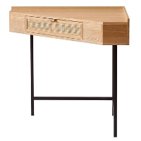 Hoekbureau van hout en rotan met 1 lade en metalen poten