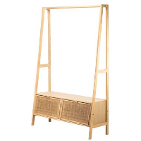 Massief houten kledingrek met rieten zitting