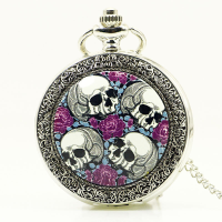 Creative Rose Skull Head Silver Quartz Pocket Watch Antique Pendant