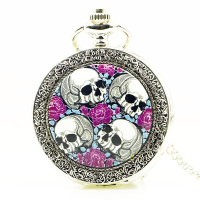 Deffrun Creative Rose Skull Head Silver Quartz Pocket Watch