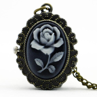 Fashion Flower Rose Bronze Quartz Pocket Watch Retro Pendant Necklace