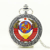Fashion Soviet Sickle Hammer Silver Quartz Pocket Watch Pendant Necklace