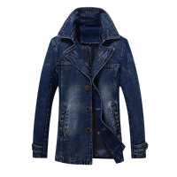 Mens Mid Long Denim Jackets Single Breasted Lapel Jeans Coat