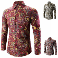 Mens National Printing Fashion Casual Plus Size Slim Fit Long Sleeve Shirts