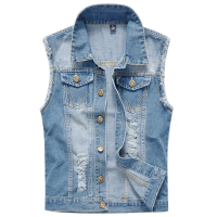Mens Ripped Denim Vest Light Blue Fashion Personality Slim Fit Plus Size Sleeveless Coat