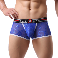 Mens Sexy Transparent Lace Separated U Convex Breathable Low Waist Boxers Underwear