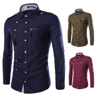 Mens Stylish Fashion Snap Fastener Multi Pockets Zippers Epaulet Decoration Slim Fit Designer Shirt
