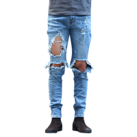 Mens Washed Ripped Jeans Beggar Knee Broken Holes Side Zipper Slim Fit Denim Pants