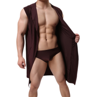 Sexy Ice Silk Soft Thin Comfortable Mid Long Sleeveless Hooded Sleepwear Bathrobes Robes With Belt