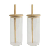 Orange85 Drinkglazen met Bamboo Deksel met Rietje 2 Stuks 400 ml Waterglazen