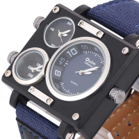 Oulm 3595 Men Watch Fashion Three Time Zones Alloy Case Textile Watchband Quartz Watch