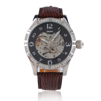 Oulm Automatic Mechanical Leather Rhinestone Round Wrist Watch