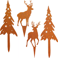Pakket van 4 roestige tuinstaken kerstboom en rendier kerstdecofatie roestige tuinstaken kerstbomen rendier kerstdecofat