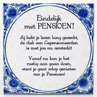 Delfts blauwe teksttegel   pensioen   15 x 15 cm   ceadeau tegeltjes
