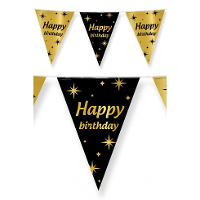 Leeftijd verjaardag feest vlaggetjes   Happy Birthday thema   zwart/goud   kunststof   10 meter