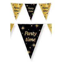 Leeftijd verjaardag feest vlaggetjes Party Time   zwart/goud   10 meter   kunststof