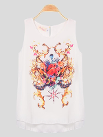 Pattern Print Sleeveless Round Collar White Vest