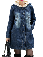 Plus Size Hood Denim Single Breasted Long Jacket