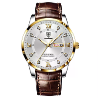 POEDAGAR Luxe Strass Zakelijke Heren Quartz Horloge Kalender Week Luminous Wijzer Leren Band Waterdichte Horloge