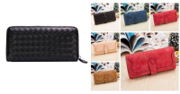 Pu Leather Grid Weave Zipper Long Wallet