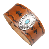 Punk Alloy Wide Genuine Leather Bracelet Inlaid Turquoise