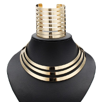 Punk Gold Plated Hollow Metal Bib Choker Necklace Cuff Bracelet Set
