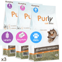 Purly Clumping bentoniet kattenbakvulling   probeerpakket alle geuren (3 x 5 liter)