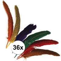 Hobby en knutsel sierveren met stippen   multi kleuren   36x stuks   17 tot 22 cm   veertjes