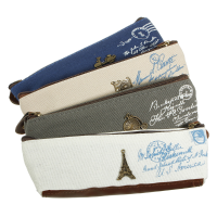 Retro Eiffel Tower Canvas Bronze Button Pencil Pen Case