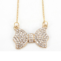 Rhinestone Bowknot Pendant Long Chain Necklace Gold Plated