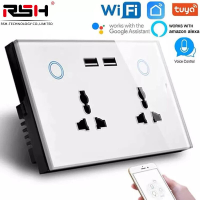 SW004 Tuya 2 poort WiFi wandcontactdoos met gehard glazen paneel met 2 USB + 2 stopcontacten op het wandgemonteerde univ