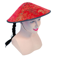 Chinese koelie hoed   rood   met vlecht   volwassenen