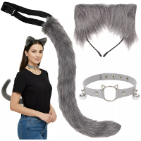 Katten verkleed kostuum   3 delig   grijs   staart, oortjes en halsband