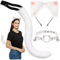 Katten verkleed kostuum   3 delig   wit   staart, oortjes en halsband