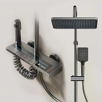 Ruimte aluminium digitale display vierkante douche set piano knop badkamer booster douchekop systeem met omgevingslicht