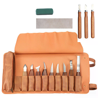 Houtsnijmes Set 12PCS Houten Handvat Hoogwaardige Carbon Stalen Messen met Leren Roll en Slijpkit voor Houtbewerking Bee