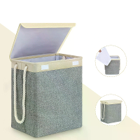SAWAKE Wasmand met Deksel Groot Linnen Opvouwbare Wasmand met Handvatten Waterdichte Voering Afneembare Beugels