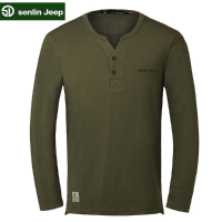 Senlin Jeep Solid Color Men Spring V Neck Long Sleeve Causal Cotton T Shirt