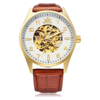 Sewor Big Dial Number Brown Pu Leather Mechanical Men Wrist Watch