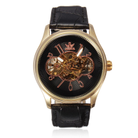 Sewor Black Dial Mechanical Leather Skeleton Wrist Watch