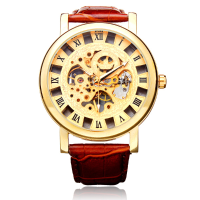 Sewor Brown Pu Leather Automatic Mechanical Roman Skeleton Men Watch
