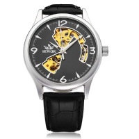Sewor Gold Dial Black Pu Leather Mechanical Men Wrist Watch