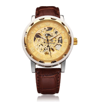 Sewor Golden Case Mechanical Leather Skeleton Men Wrist Watch