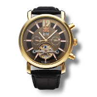 Sewor Leather Mechanical Black Gold Stainless Steel Men Wrist Watch