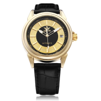 Sewor Pu Leather Black Mechanical Calendar Gold Men Wrist Watch