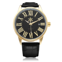 Sewor Pu Leather Black Mechanical Romen Gold Men Wrist Watch
