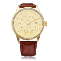 Sewor Pu Leather Brown Mechanical Romen Gold Men Wrist Watch