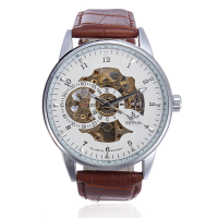 Sewor White Automatic Mechanical Skeleton Leather Men Wrist Watch