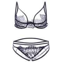 Sexy Black Backless Bralette Transparent Eyelash Lace Ultra Thin Bra Sets For Women